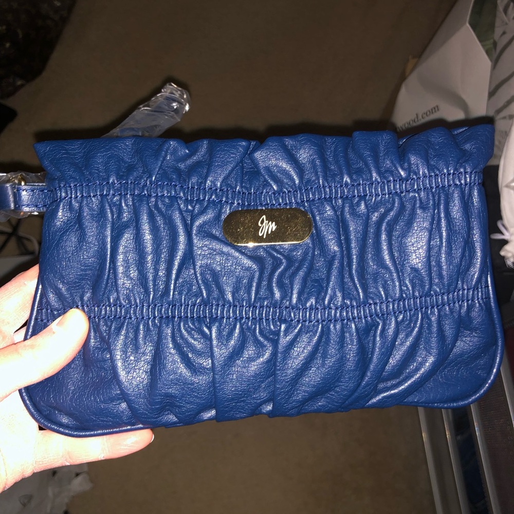 Joy Mangano faux leather blue wristlet